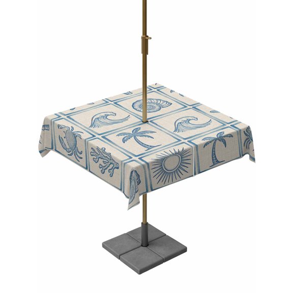 Outdoor Tablecloth with Umbrella Hole for Patio/Picnic/Party/Camping, Vintage Blue Coastal Waterproof Table Cloth Square Cover Washable, Nautical Starfish Coral Conch Ocean Retro (60"x 60")