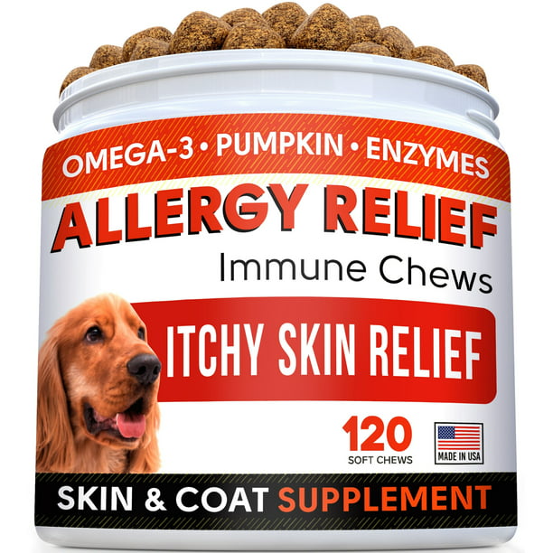 Allergy Relief Dog Treats w/ Omega 3 + Pumpkin Enzymes + Turmeric - Itchy Skin Relief - Immune & Digestive Supplement - & Coat Health - & Hot Spots - Made in USA - 120 Chews - Walmart.com