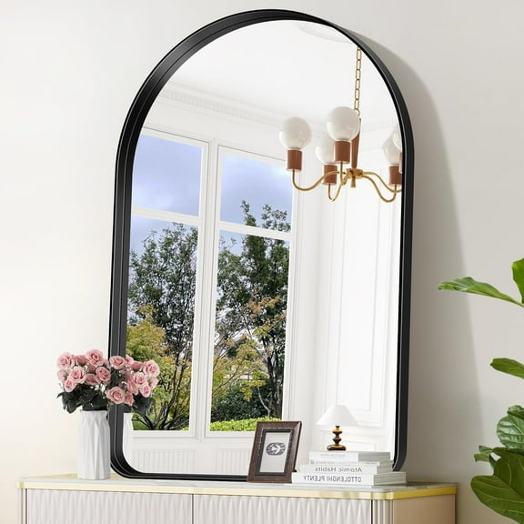 Anyrose 30"x 20"Arched Bathroom Mirror Wall Mirror Deep Frame Hanging,Black