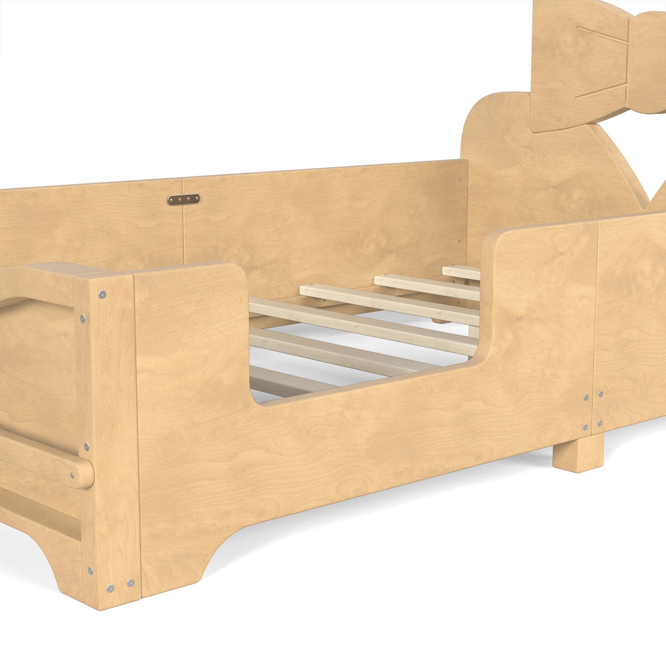 GDF Studio Twin Size Kids Platform Bed with Bowknot Headboard, Guardrails & Bookshelf, Natural