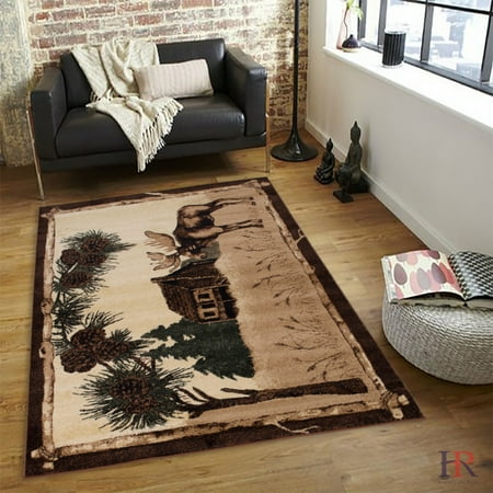 HR MOOSE,LODGE AND NATURE, RUSTIC CABIN AREA RUG CARPET.(BEIGE AND ...
