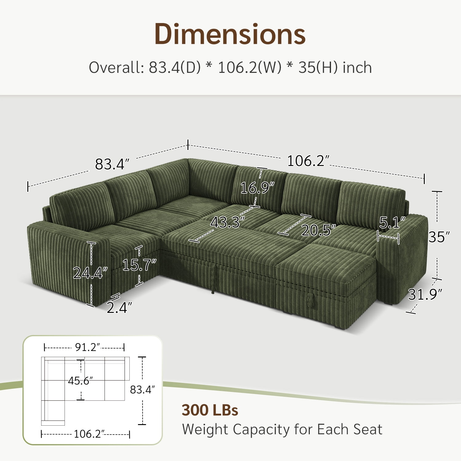 Marrber 106" U-Shaped Sectional Sleeper Sofa, 7-Seater Modular with Pull-Out Bed & Hidden Storage, Pet-Friendly Corduroy Fabric, Green
