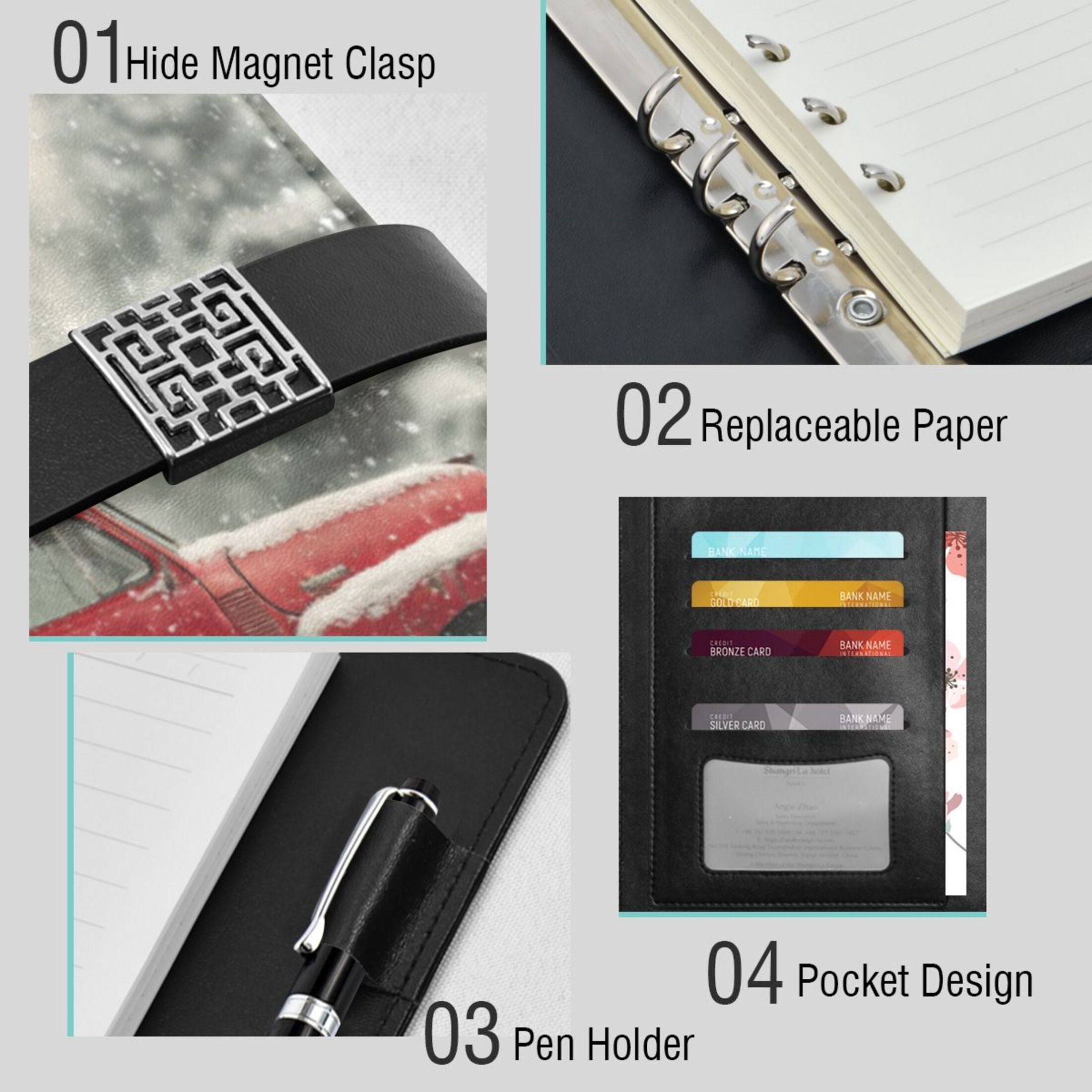 9.2x6.7 inch Leather Notebook 100 Sheets, Multi-Pocket Design & Pen Loop Vintage Red Truck Refillable Journal Organizer