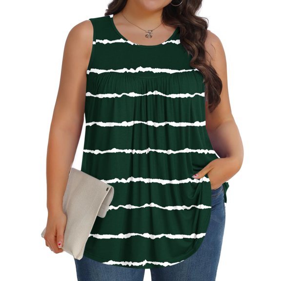 Vivianyo HD Women's Plus Size Wavy Stripe Pleated Sleeveless Tank Top, Casual Loose Flowy Tunic Vest, Women's Army Green, Sizes L-5XL