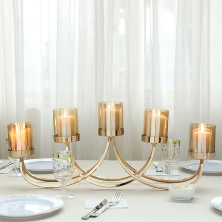 Table Candelabra - Efavormart 2 Ft Wide | 5 Arm Gold Metal Votive Candle Holder Candelabra Wedding Table Decorative Centerpiece- 3.25