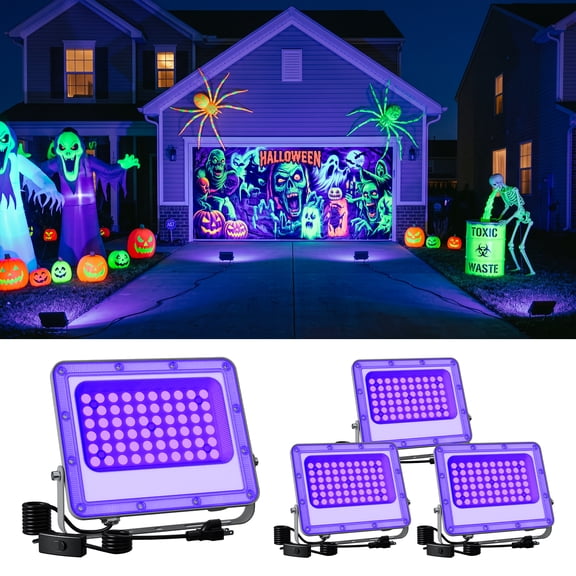 Yinghao 4 pack 50W Blacklight Aluminum Flood Lights with 4.7ft Cord for Halloween Decoration IP65 395nm UV Lamp Decor for Spider Web, Ghost, Tombstone