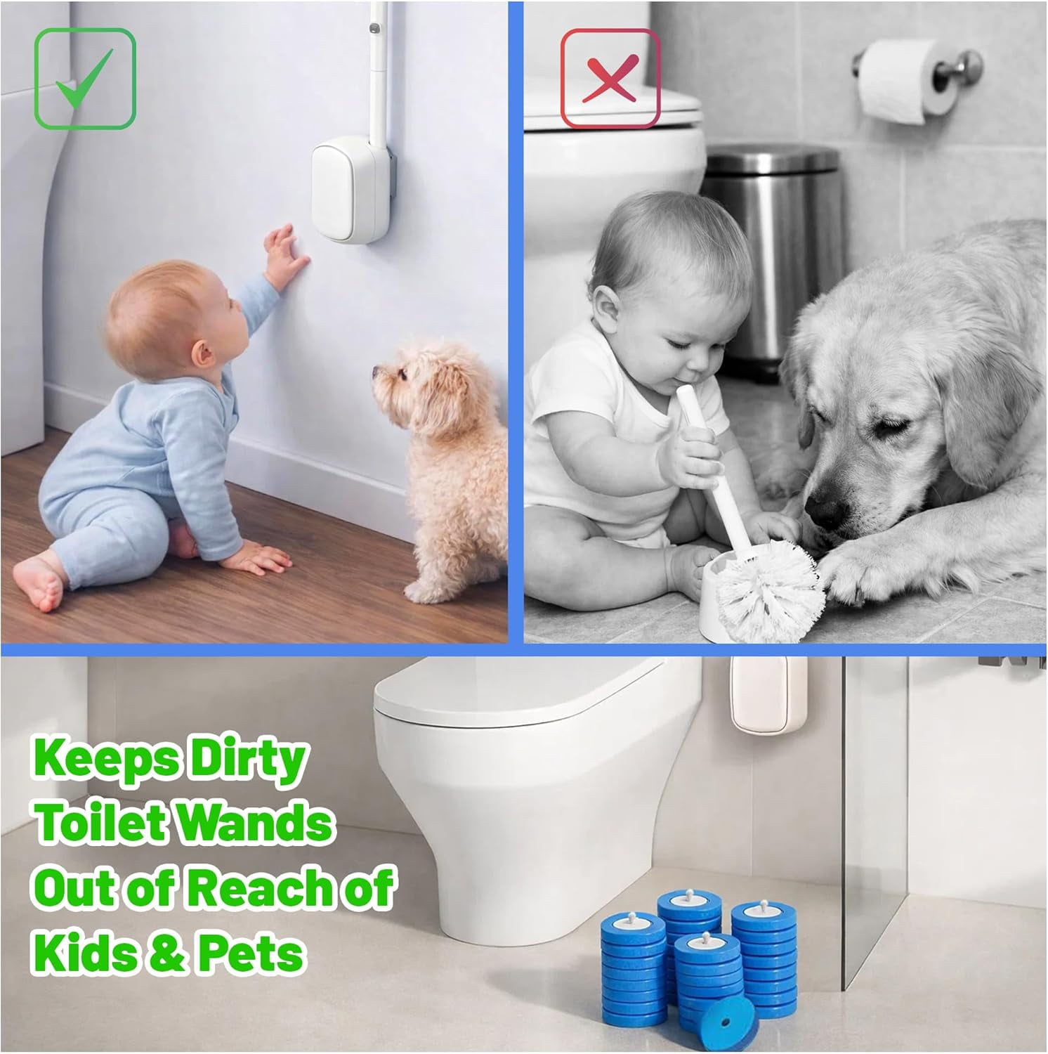 Wall-Mounted Disposable Toilet Brush Kit and 30 Fresh Bleach Scrubbing Sponge Pads. Bathroom Space Saving Toilet Wand kit. Toilet Bowl Brush and Holder Set. (Starter Kit + 30 Brush)