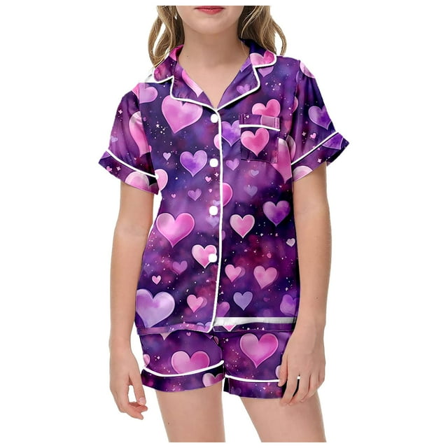 WEAIXIMIUNG Children's Valentine's Day Printed Short Sleeved Shorts Two Piece Pajama Set 4-5 Years