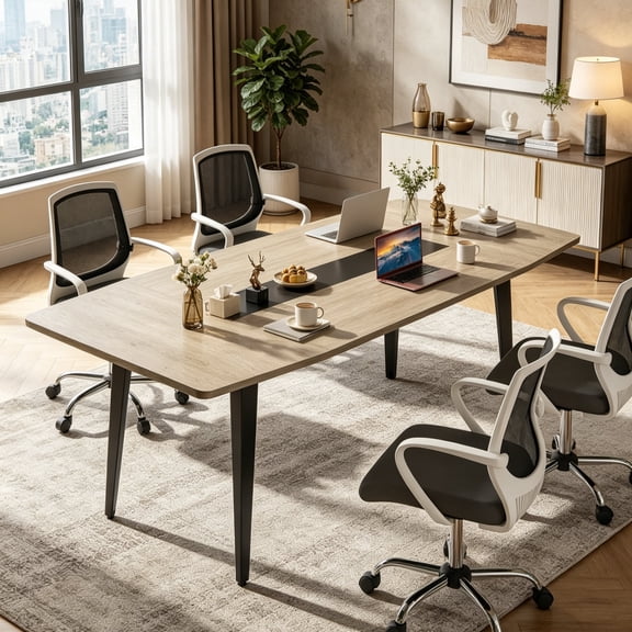 Fnova 70.86" Conference Table, Large Meeting Room Table with Arc-Shaped Corners & Sturdy Metal Legs, Multi-Purpose Executive Desk for Office, Boardroom & Home Use