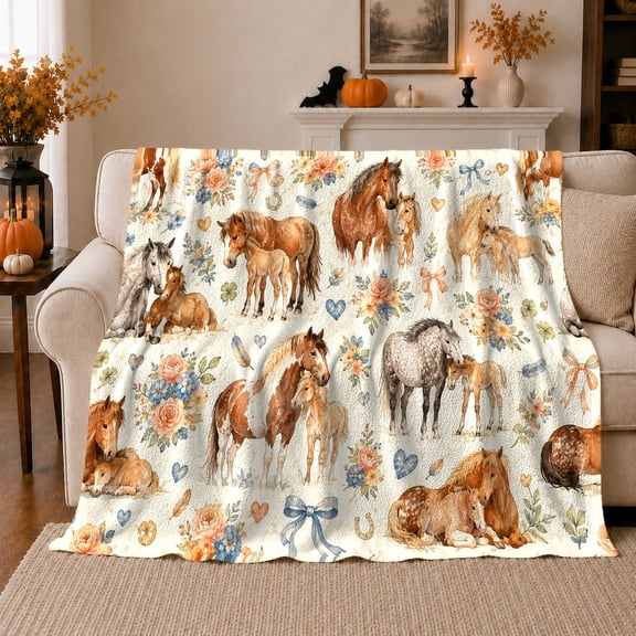 Mares And Foals Among Flowers And Bows, Cozy Flannel Blanket with Pastoral Watercolor Illustration Print, Housewarming Gift for Horse Family Enthusiasts, Home Decor for Bedroom and Living Room