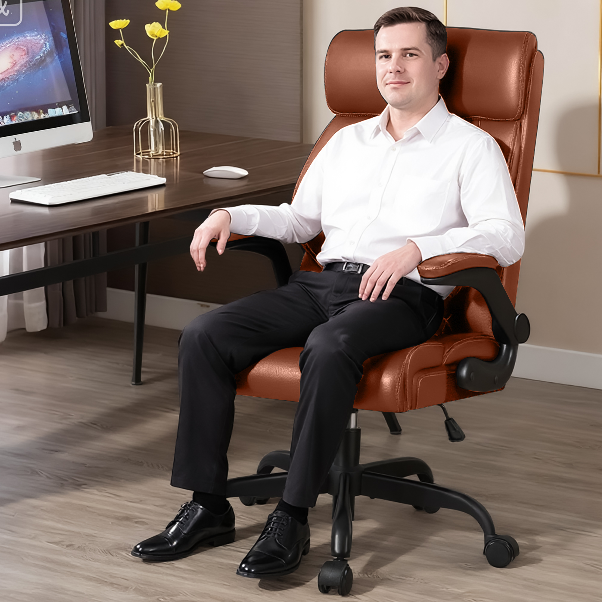 FASTES Office Chair, Ergonomic Computer Desk Chair with Rocking Function, Leather Chair with Adjustable Flip-up Armrests and Lumbar Support, Brown