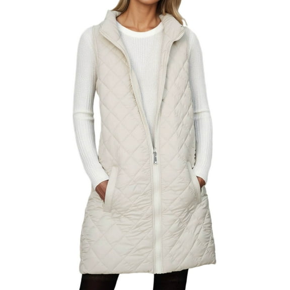 CUZIBR Winter Coats For Women Quilted Padded Thick Warm Long Vest Stand Collar Zipper Sleeveless Jacket With Pockets Loose Fit Outerwear Fall Fashion Winter Clothing,Beige,L