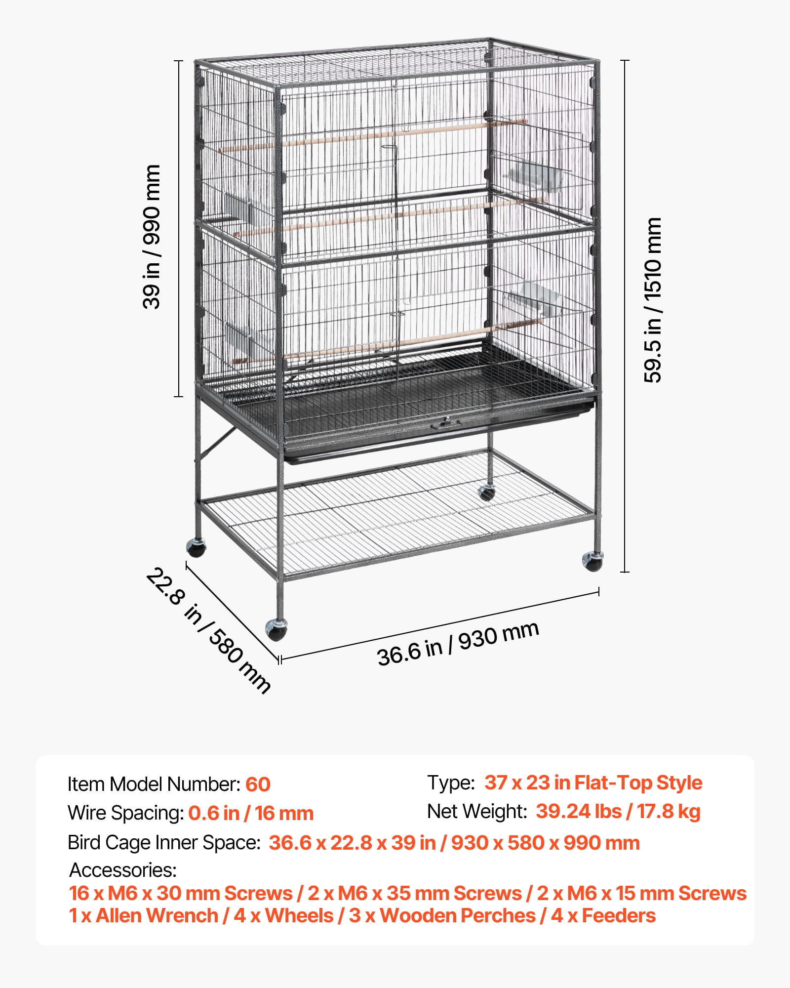 VEVOR Bird Cage, 36.6 x 22.8 x 59.5 inch, Flat Top, Wrought Iron Bird Flight Cage with Perches, Slide-Out Tray and Plastic Feeders, for Blue Tit, Cockatiel, Canary, Monk Parakeet, African Grey Parrot