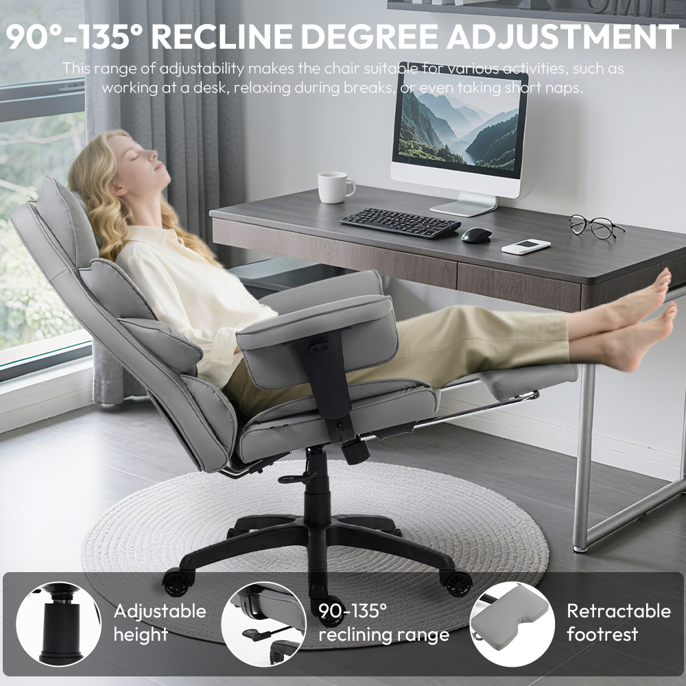GOOSEA Office Chair Adult PU Leather High Back Indoor Commercial Adjustable Seat Height Executive Chairs Footrest, Gray