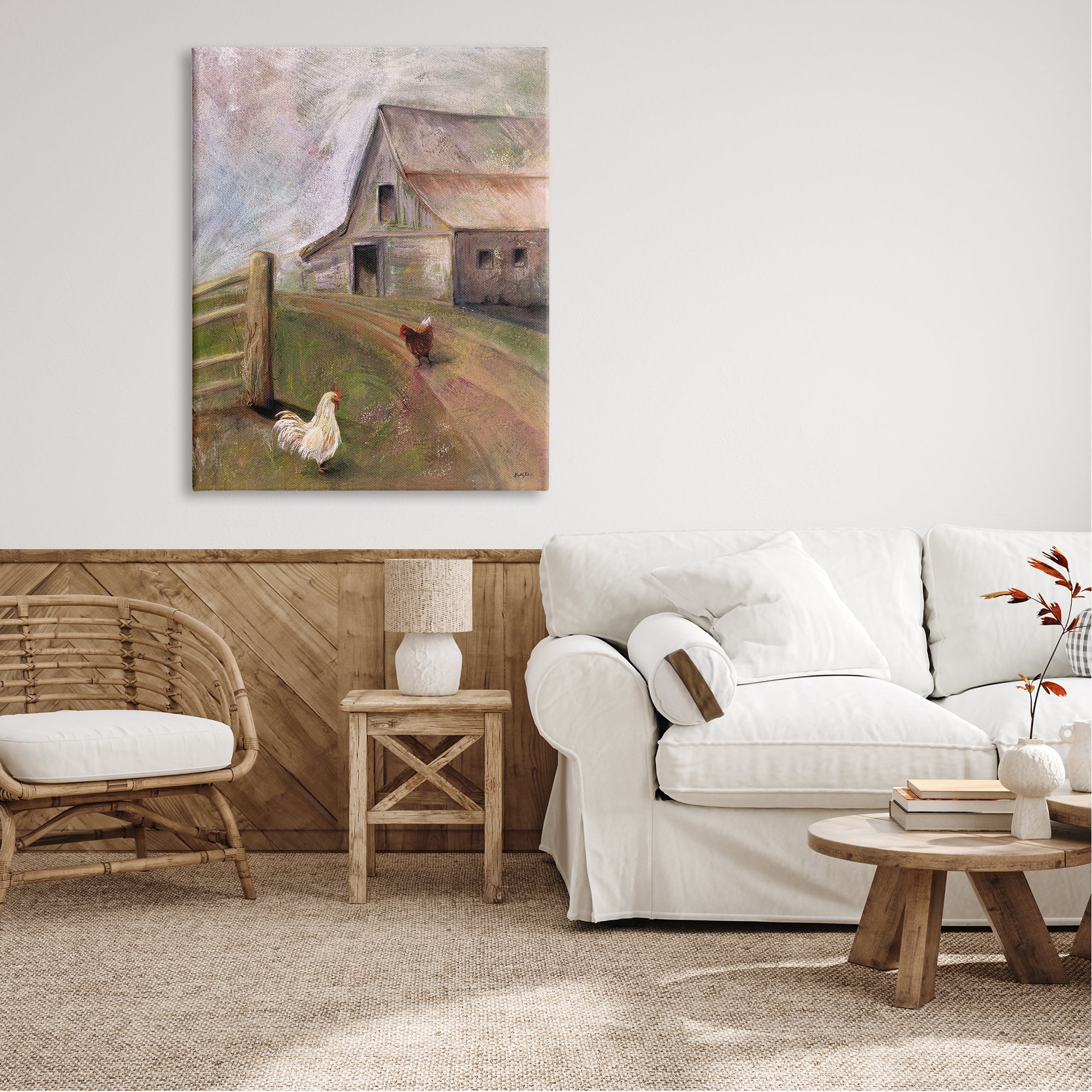 Stupell Industries Rustic Farmland Chickens Roaming Country Road Barn Farmhouse Painting Gallery-Wrapped Canvas Print Wall Art, 36 x 48, Design by Kelley Talent