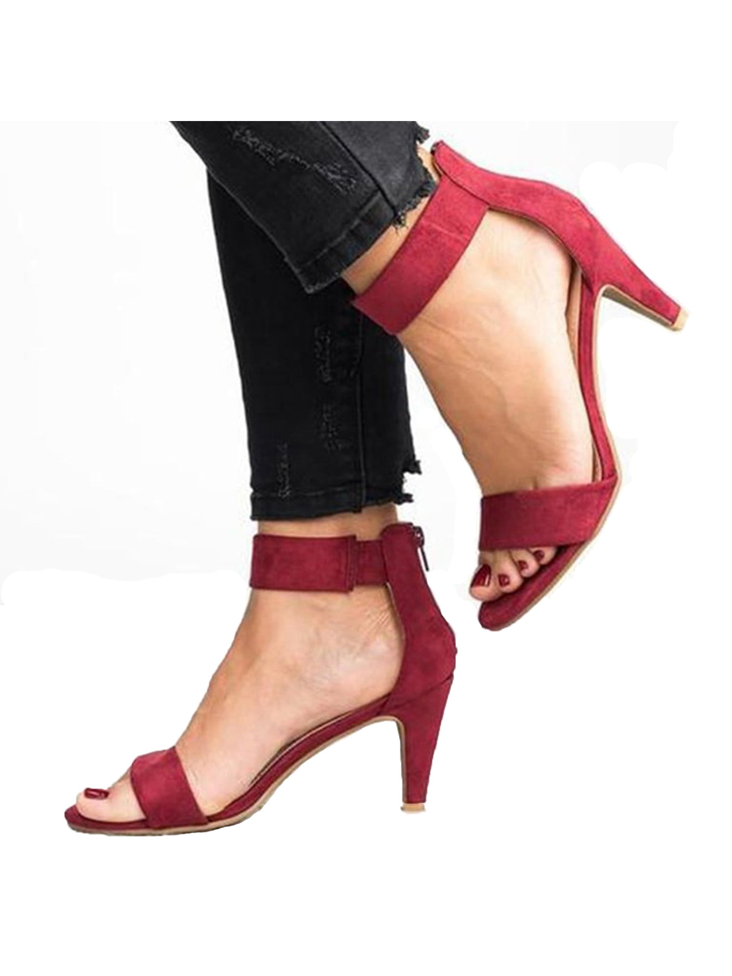 3 Color Open Toe Studs Ankle Strap Zipper Closure Womens 4.5” Stiletto Heels 