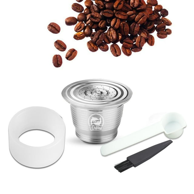 Compatible With Stainless Steel Coffee Capsule Reusable Refillable Coffee Capsule Cup Filter with Brush Spoon Powder-press Ring