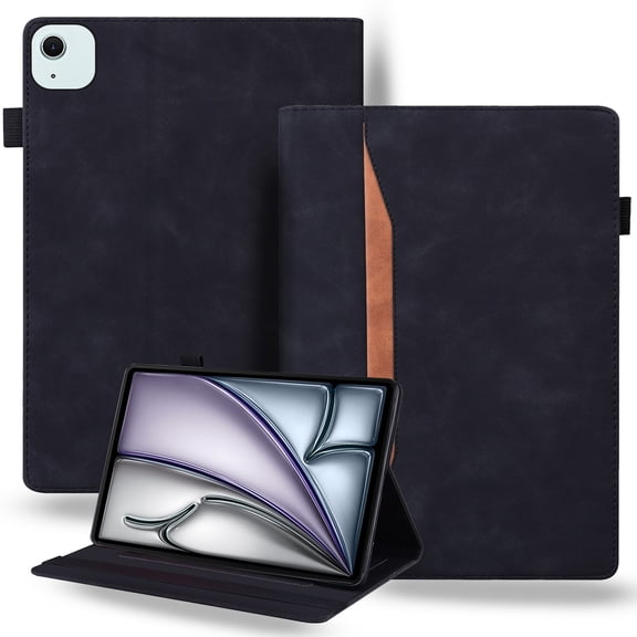 DWaybox Case for iPad Air 13‑inch (M4) 2026 Model A3462, Retro PU Leather & TPU Hybrid Shockproof Cover with Kickstand, Card Slots, Anti-Slip Grip Strap -Black