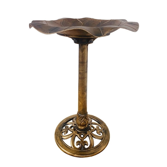 Golden Bronze Lily Leaf Pedestal Outdoor Garden Floral Bird Bath Decoration Accent