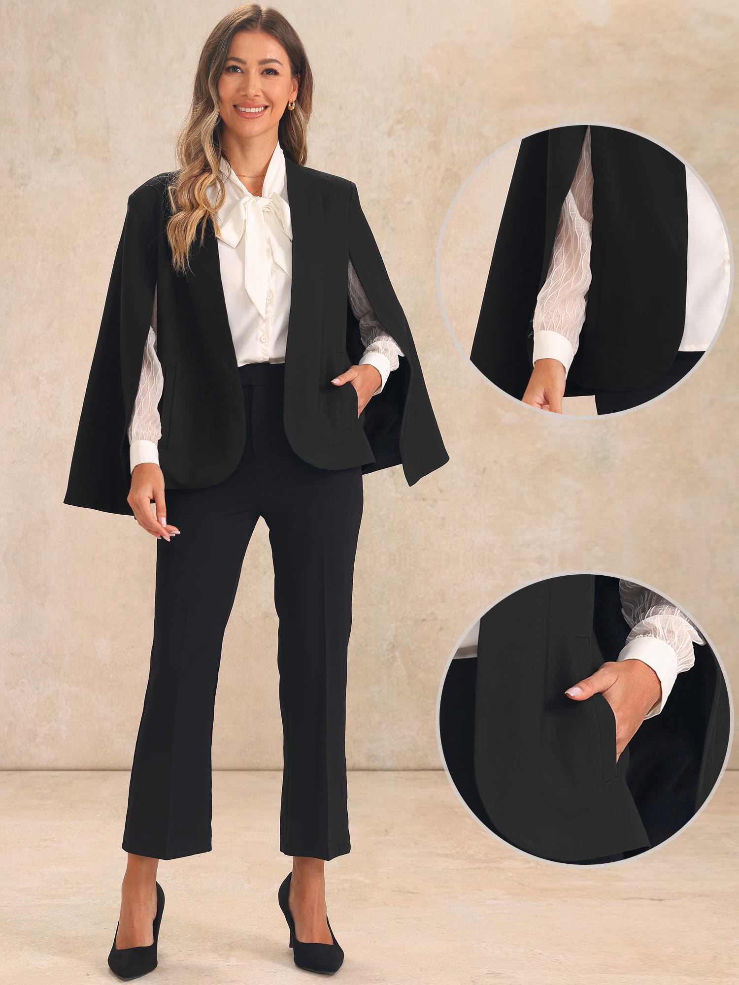 DARING DIVA Women's Cape Sleeve Business Work Open Front Casual Jacket Coat M Black