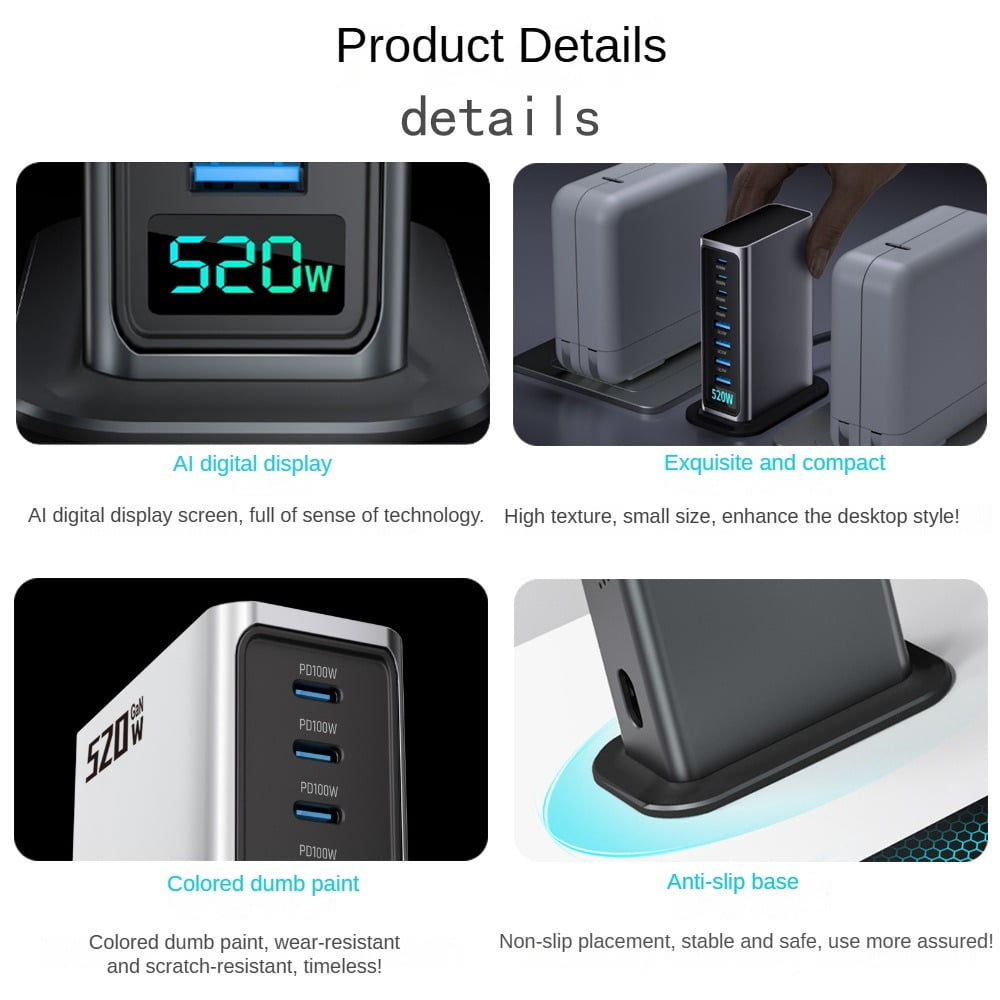 520W Gallium Nitride Charger Multi-Port Desktop Charging Station Fast Charging Head for Apple Laptop Power Adapter