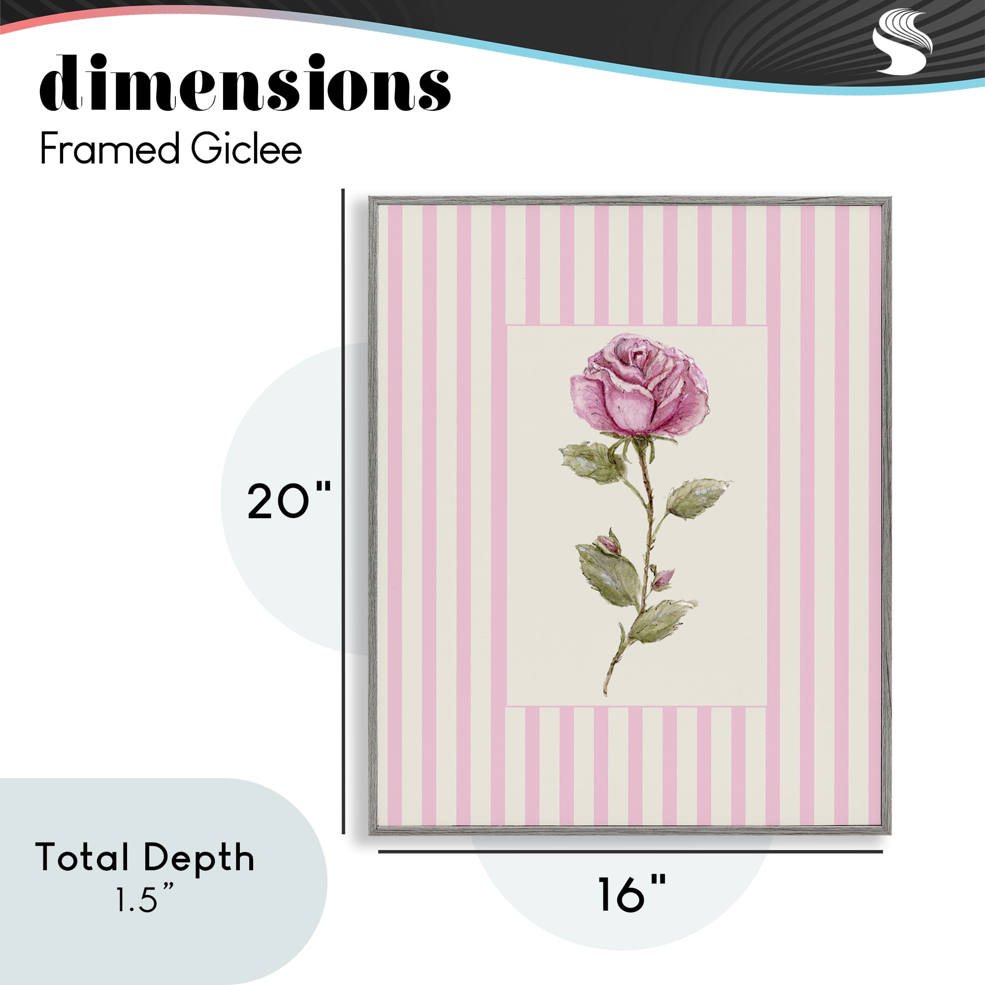 Pink Stripe Rose Gray Framed Giclee Art, design by Lisa Wehmeyer