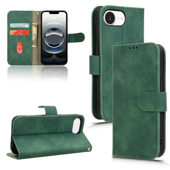 For iPhone 16e Case PU Leather Simple Wallet Case TPU Bumper Card Slots Kickstand Magnetic Closure Shockproof Flip Cover,green,For iPhone 16e