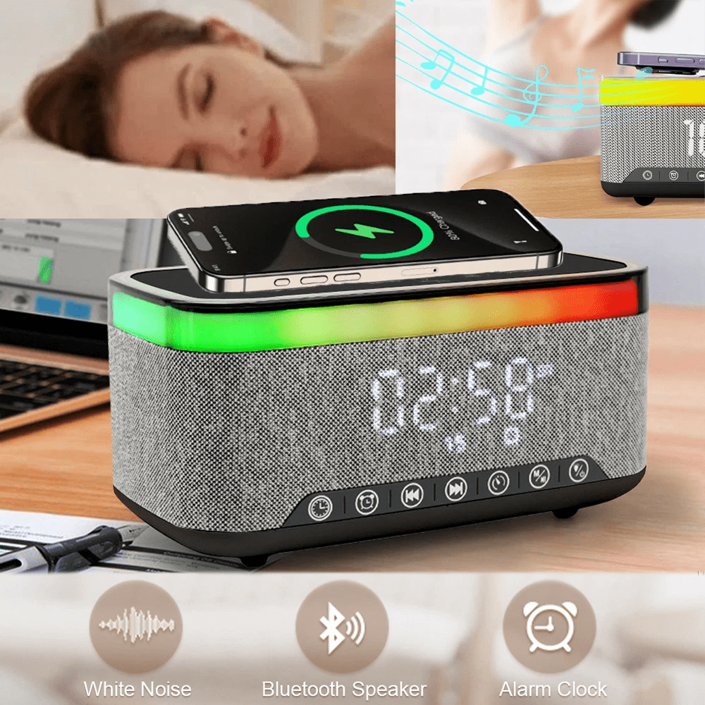 Wireless Charger,15W Fast Desk Wireless Charger Station for iPhone 17-12 Pro Max Plus Phone Wireless Charger with Bluetooth Stereo Speaker,Digital Clock Alarm,Colors Night Light