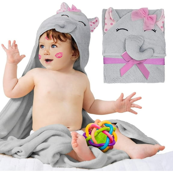 PUREVACY Kids Hooded Towel with Elephant Face. Large Child Blanket with Pink Ears for Girls. Soft Cotton Gift for Newborns, Infants, Toddlers. Baby Supplies for Bath, Shower, Pool, Beach