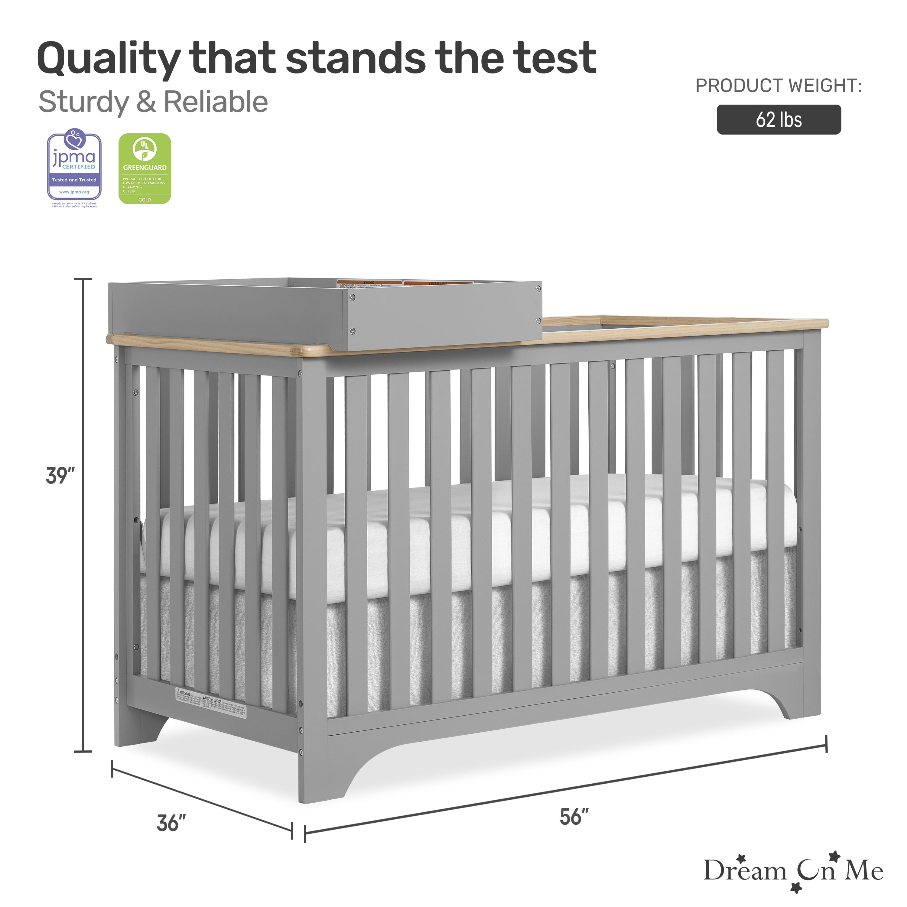 Dream On Me Orion 5-in-1 Convertible Crib with Removable Changing Tray, Pebble Grey Vintage