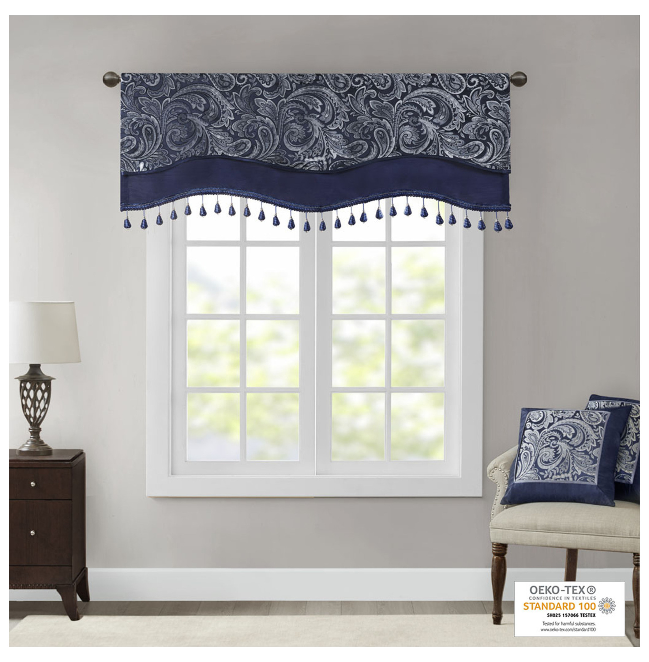 Jacquard Window Rod Pocket Valance With Beads Navy 50x18" Navy + Polyester