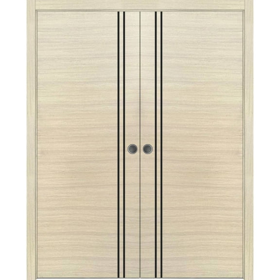 Sliding French Double Pocket Doors 36 x 80 inches | Planum 0016 Natural Veneer with Frosted Glass | Kit Trims Rail Hardware | Solid Wood Interior Bedroom Sturdy Doors