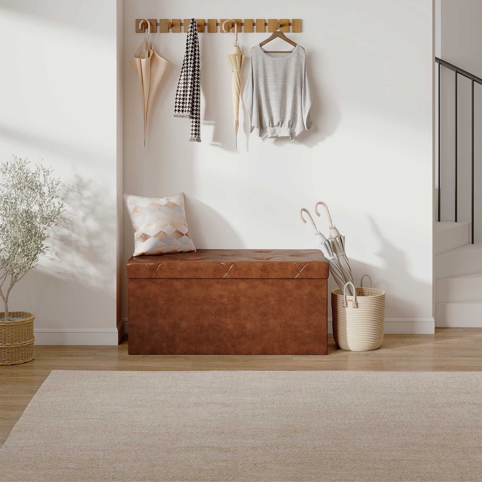 CONCETTA 30" Storage Ottoman Bench, Foldable Storage Chest, End of Bed Foot Stool with Padded Seat, Bedroom Bench, Support 660lbs, PVC Brown