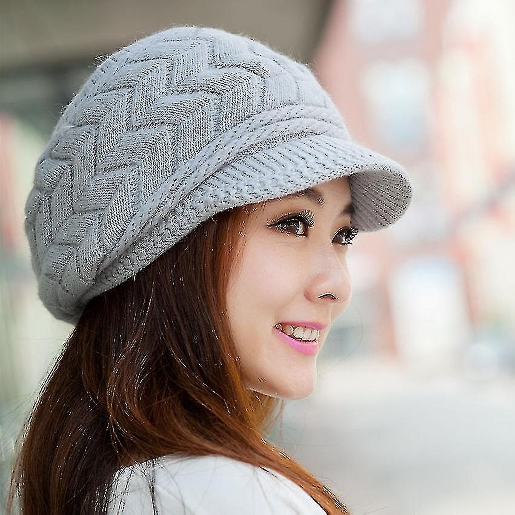 ?Women’s _2hats(black+grey) Winter Warm Knit Wool Snow Ski Hat with Visor Comhats Wool Knit Visor Beanie Hat for Women Womens Cable  main image 3