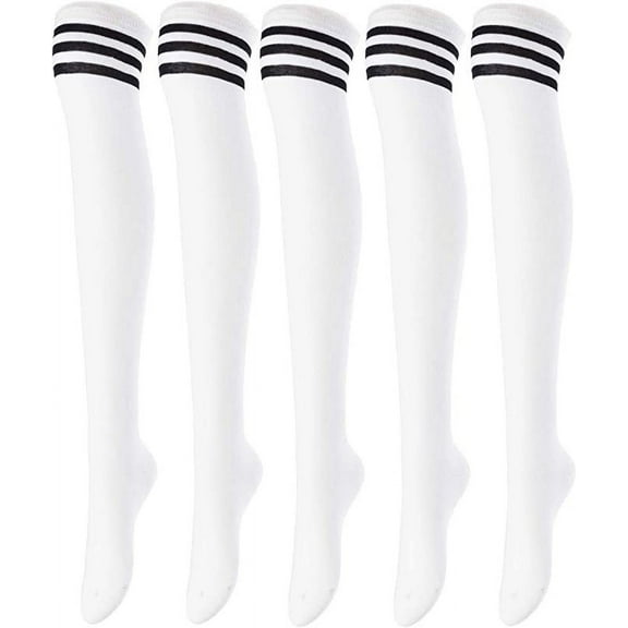 Lovely Annie Women's 5 Pairs Incredible Durable Super Soft Unique Over Knee High Thigh High Cotton Socks Size 6-9 A1022(White)