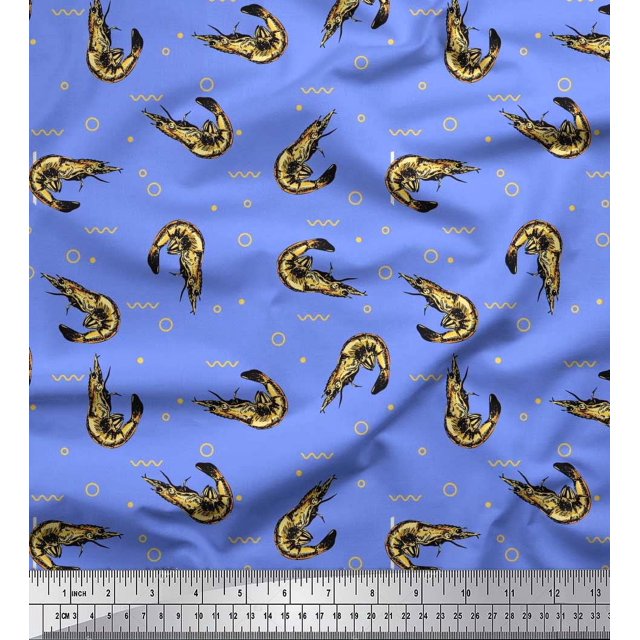 Soimoi Rayon Fabric Circle,Dot & Prawns Ocean Decor Fabric Printed Yard 56 Inch Wide