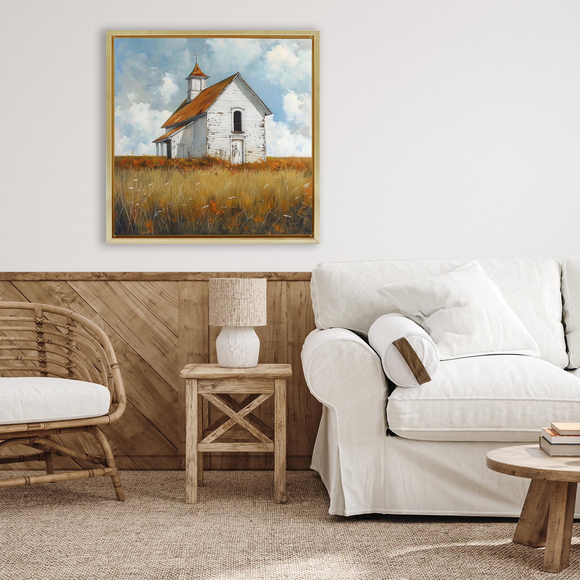 Stupell Industries Rustic Church in Field Gold Framed Floater Canvas Wall Art, design by Creative Studio
