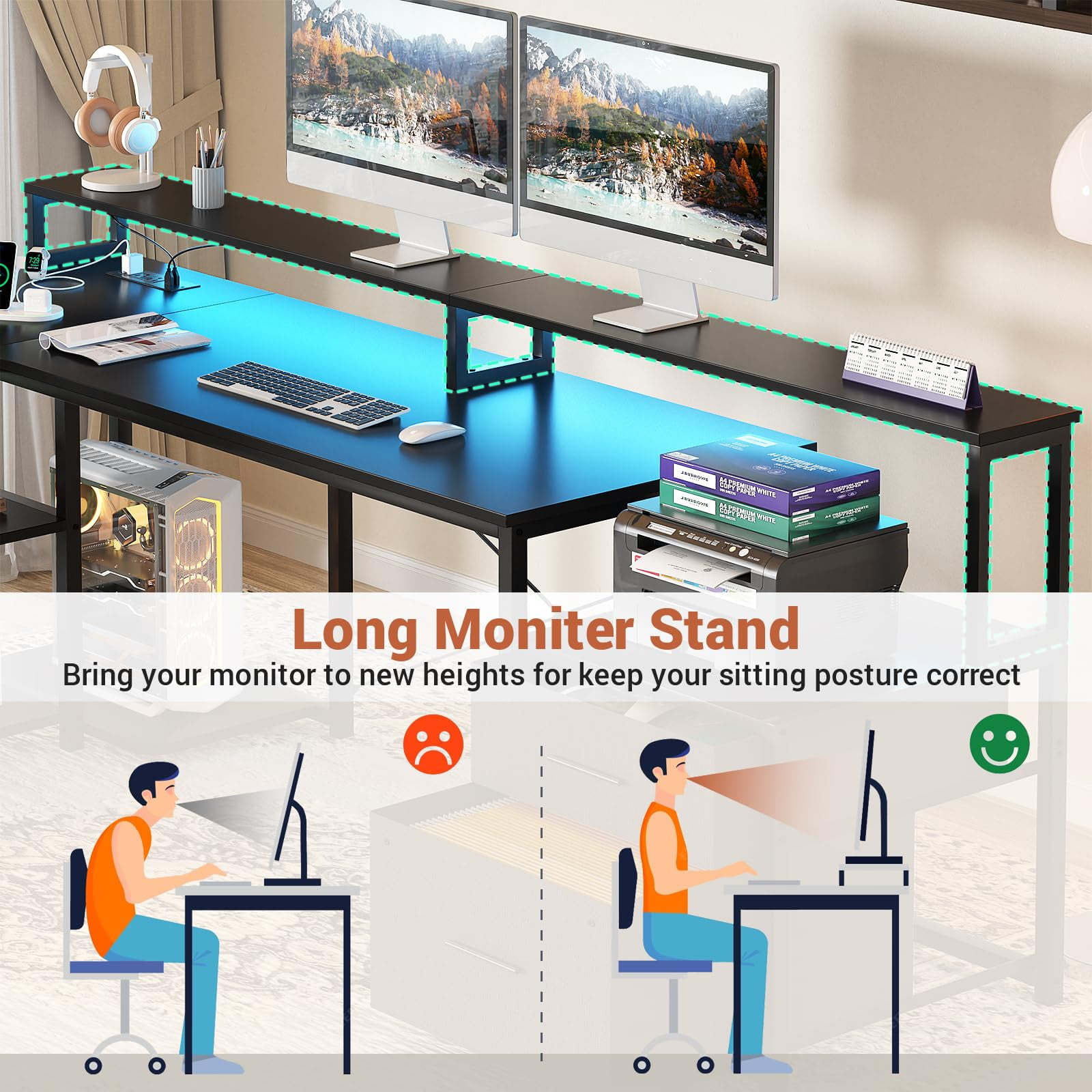 Homieasy L Shaped Desk with File Drawer, 72.8" Reversible L Shaped Computer Desk with Power Outlet & LED Strip, Gaming Desk with Monitor Stand, Office Desk Corner Desk with Storage Shelf, Black