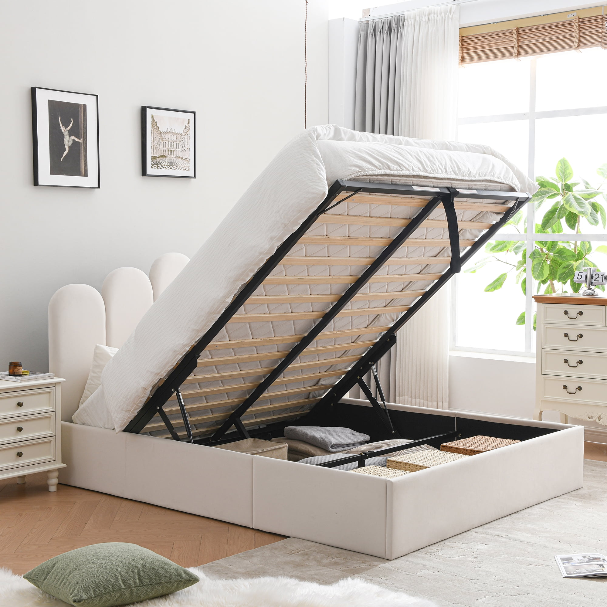Lift Up Storage Bed Queen Size, Upholstered Platform Bed with Hydraulic Storage System & Wood Slats Support, Queen Bed Frame with Headboard, No Box Spring Needed, Easy Assembly,Cream