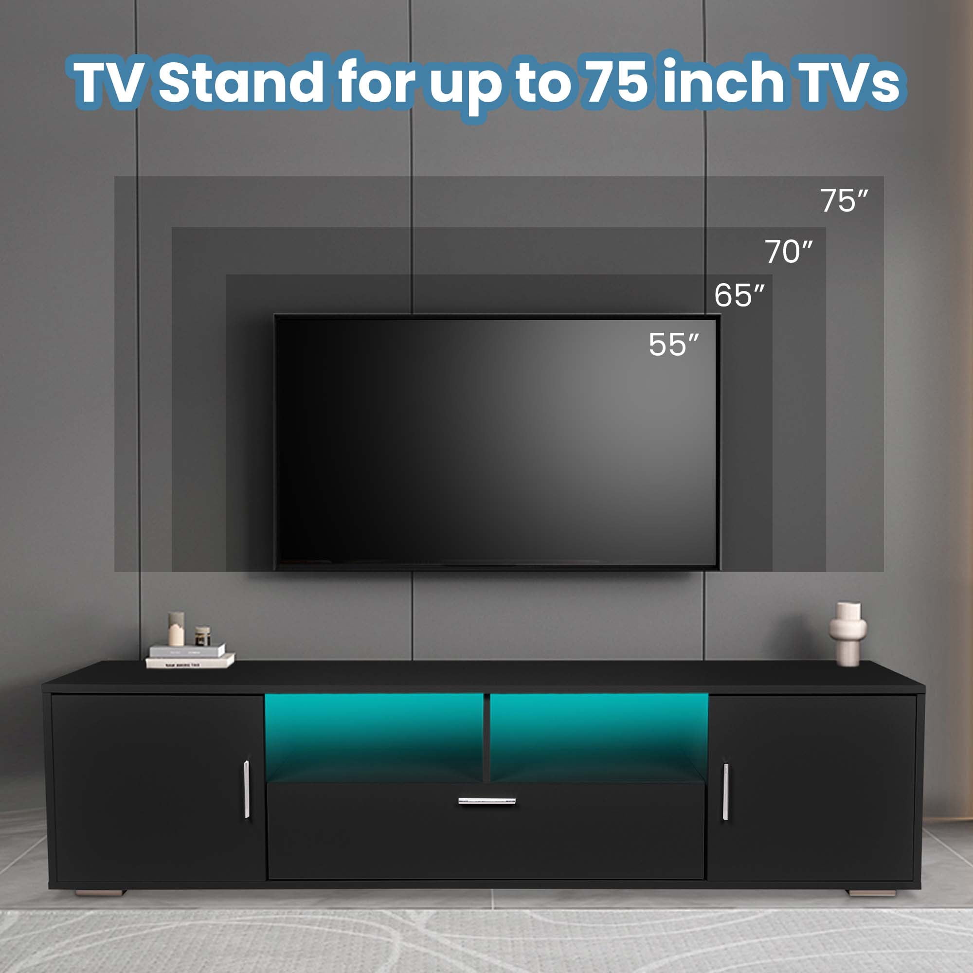 Aukfa Modern TV Stand with LED Light for TVs up to 70" - Entertainment Center TV Cabinet for Living Room - Black