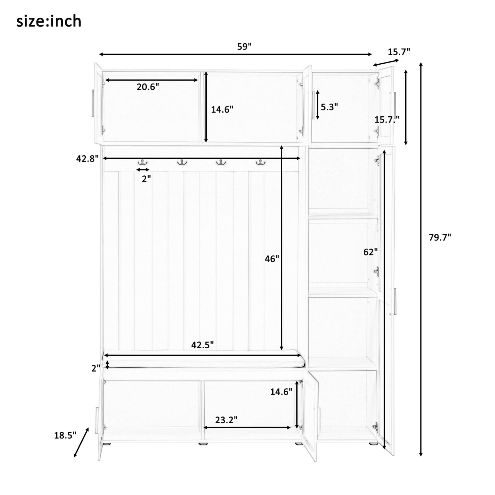 59" W 4-in-1 Entryway Hall Tree with Padded Bench, Coat Rack with 4 Hooks, Shoe Storage Bench & Multi-Tier Shelves, Mudroom Organizer for Hallway Living Room, Ancient White