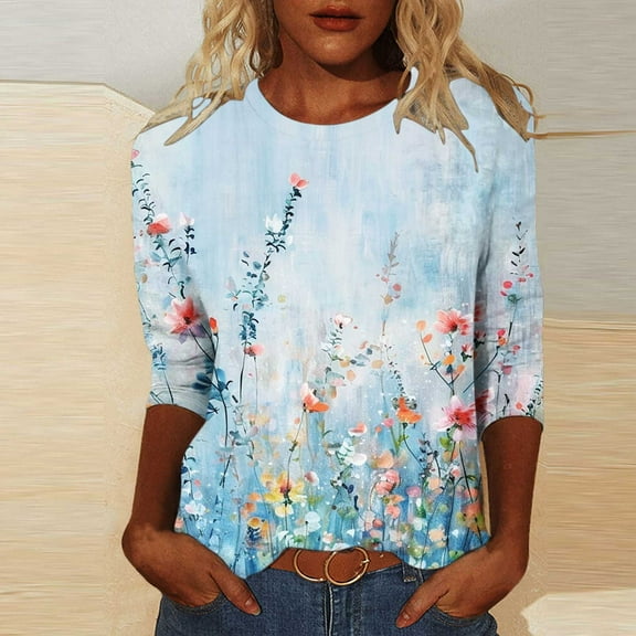 VOONCAS Womens Tops 3/4 Sleeve Casual Print Fall Winter Crew Neck Multicolor Going Out Tops for Women Size XL