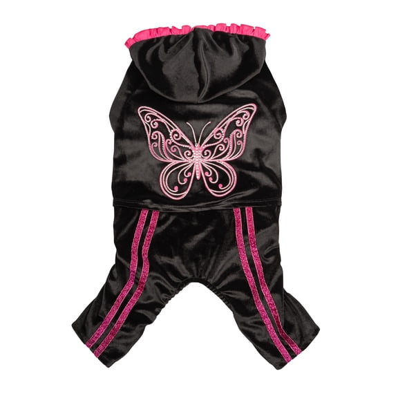 Doggy Parton, Dog and Cat Clothes, Sparkle Butterfly Pet Track Suit, Black, XS