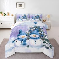 Manfei Blue Cute Snowman Bedding Comforter Set, Merry Christmas Twin Comforter Sets, Teens Boys Girls Kids Reversible Bedding Set, Microfiber Bedroom Decor, 2 Pieces
