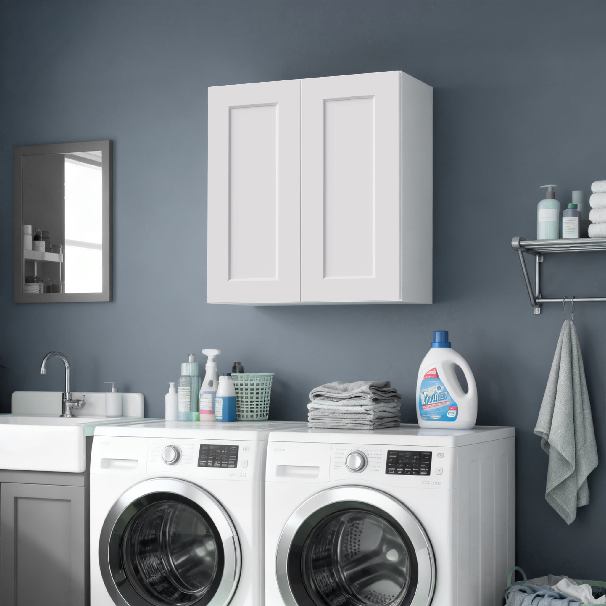 White shaker Solid Wood Double Doors Wall Cabinet 2 Doors and 2 Shelves for Kitchen Storage, Bathroom Storage, Laundry,Adjustable Shelves Ready to Assemble(30"W×12"D×30"H)