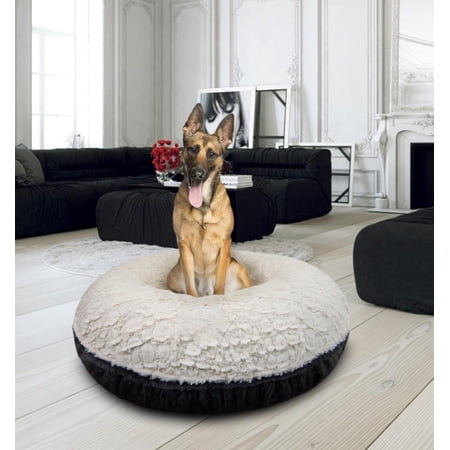 Bessie and Barnie Signature Gravel Stone / Serenity Ivory Luxury Extra Plush Faux Fur Bagel Pet/Dog Bed