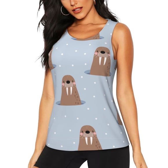 Fotbe Playful Walrus Wonders Blusas Sin Mangas para Mujer – Estilo Casual, Corte Suelto, Slim-Fit, Cuello Redondo Deportivo, Tops de Verano para Gimnasio y Yoga-Small