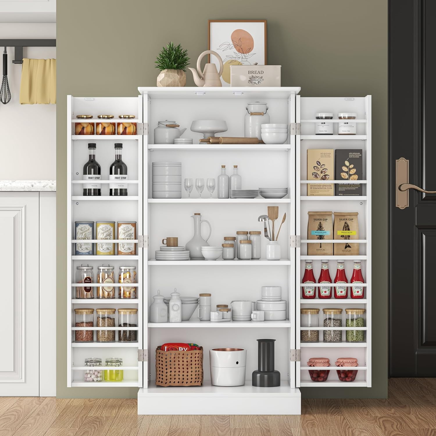 47” Kitchen Pantry Cabinets, Freestanding Kitchen Pantry Storage Cabinet with Doors and Adjustable Shelves, Buffet Cupboards Storage Cabinet for Home Office Use, White
