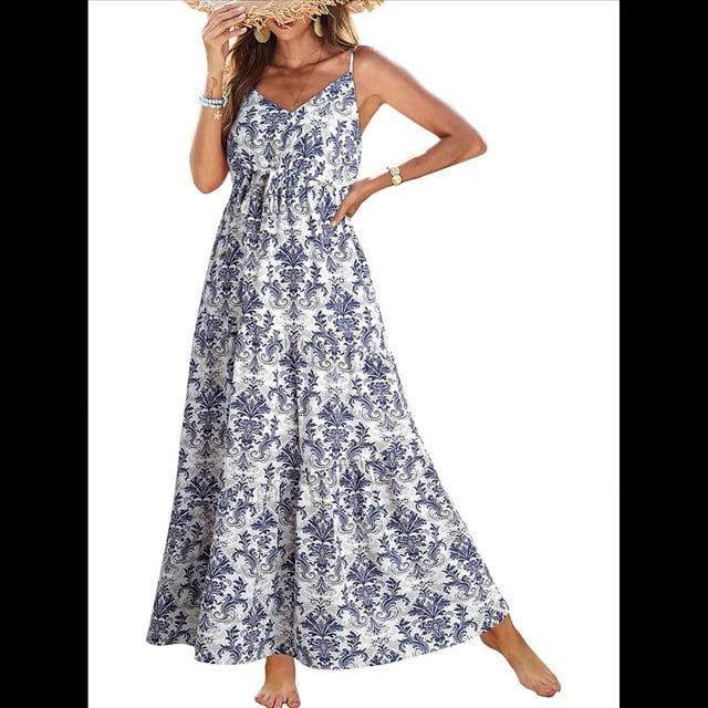 Vestido de Verano Informal Bohemio para Mujer, Sin Mangas, Estampado, , Escalonado, para Playa, 2025 Azul XL