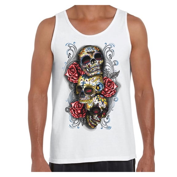 Awkward Styles Three Sugar Skull Tank Top for Men Sugar Skull Tank Day of the Dead Muscle Shirt for Men Halloween Gifts Dia de los Muertos Outfit Sugar Skulls Tank Top Skull Red Roses Muscle Tank